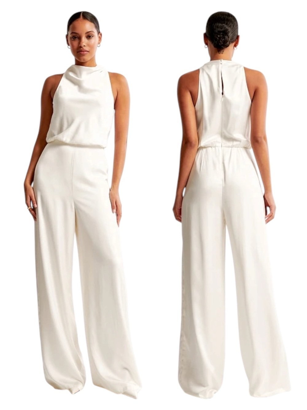 $120 NWT Abercrombie & Fitch high-neck Ivory Wide Pant Satin Jumpsuit
